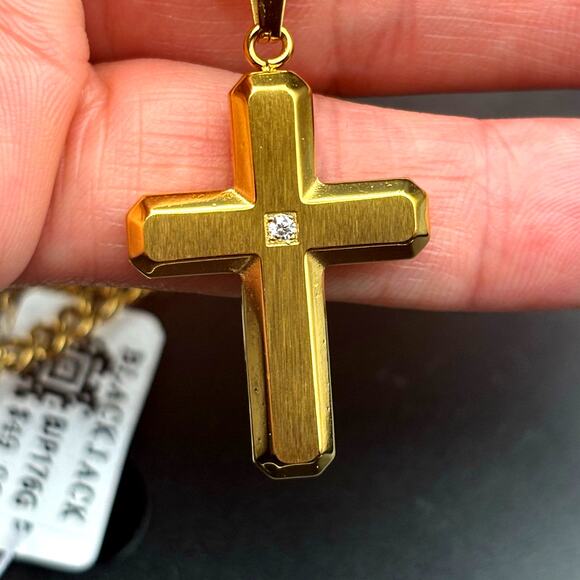 Blackjack BJP176G Mens Gold Stainless Steel Cross Pendant Necklace With CZ NIBWT - Picture 3 of 17